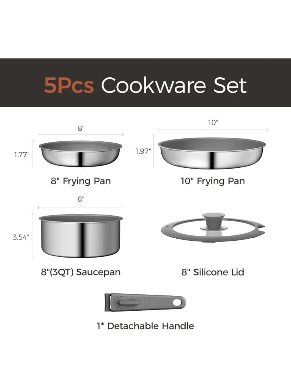 5PCS Non-Stick Cookware Set, Diamond-Titanium Ceramic & Stainless Steel